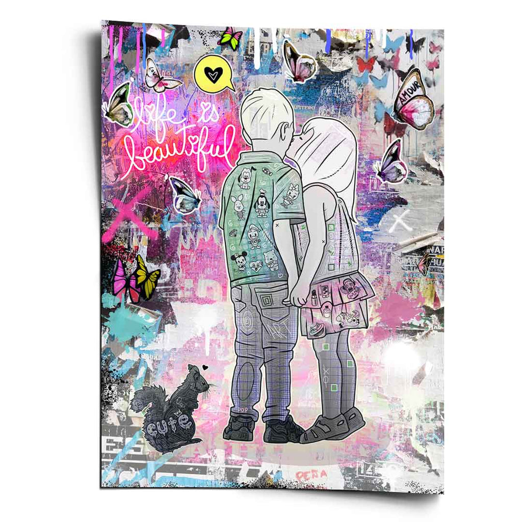 Two children sharing a kiss in bold outline on a neon-tinged Pop Graffiti poster with butterflies and a squirrel.