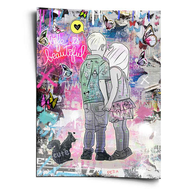 Two children sharing a kiss in bold outline on a neon-tinged Pop Graffiti poster with butterflies and a squirrel.