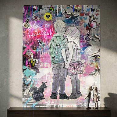 Colorful, distressed background with paint splatters and neon Life is Beautiful lettering in pink.