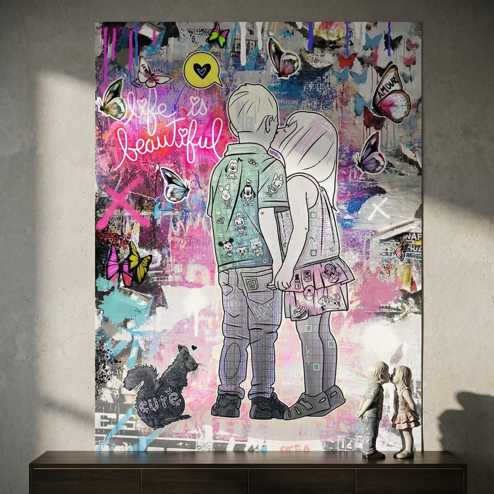 Colorful, distressed background with paint splatters and neon Life is Beautiful lettering in pink.