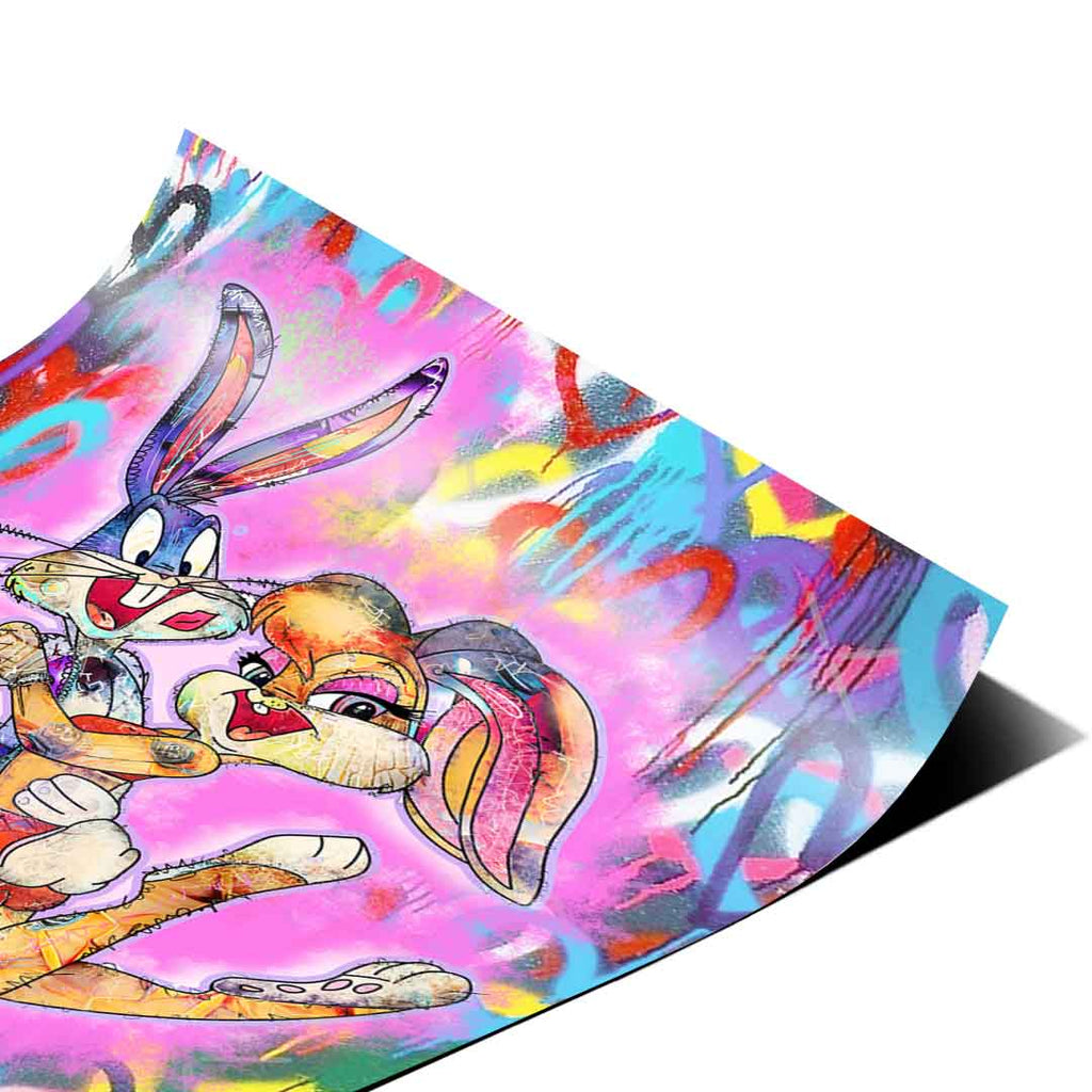 Vibrant colors including electric pink, blue, yellow, red, and purple in a dynamic urban backdrop.
