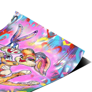 Vibrant colors including electric pink, blue, yellow, red, and purple in a dynamic urban backdrop.