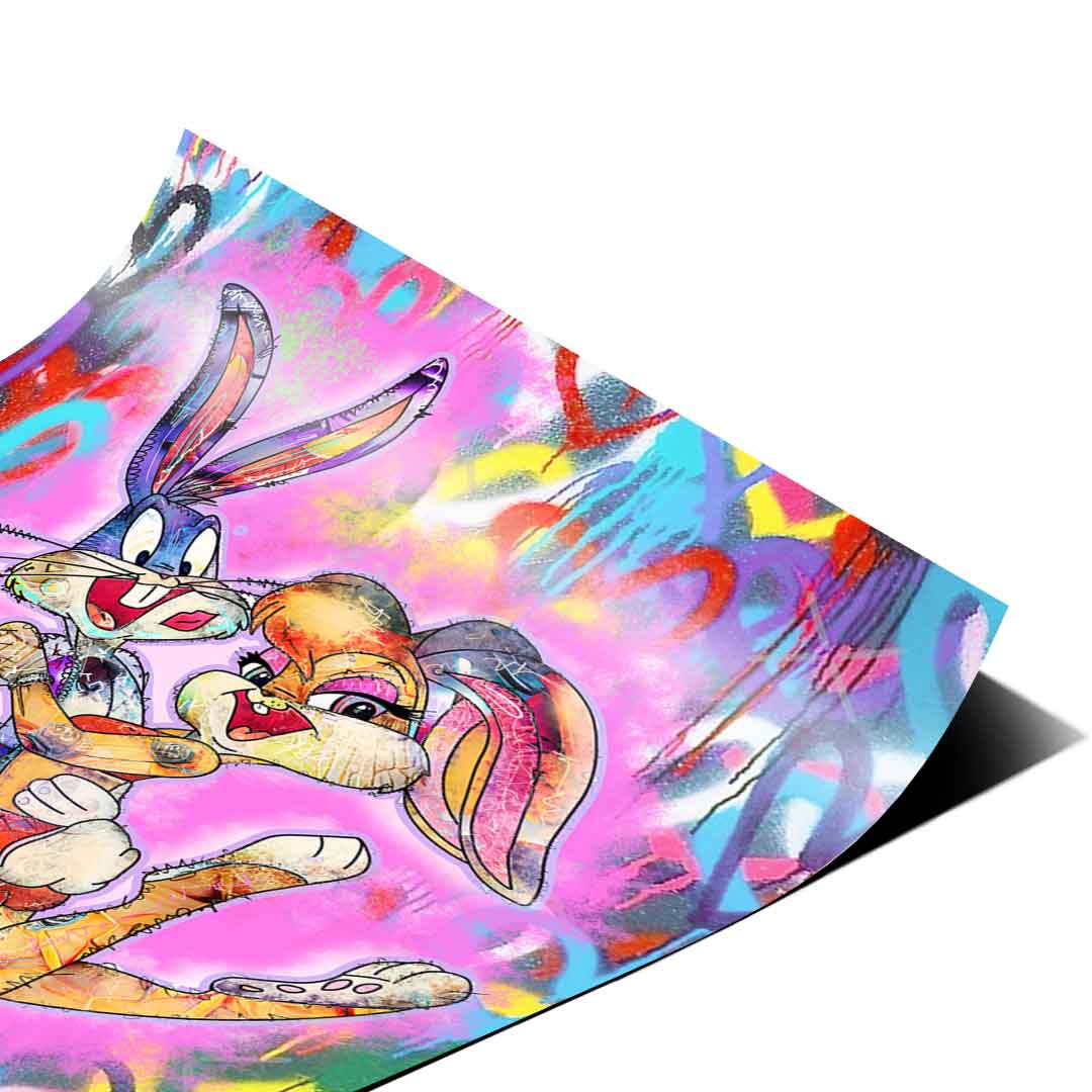 Vibrant colors including electric pink, blue, yellow, red, and purple in a dynamic urban backdrop.