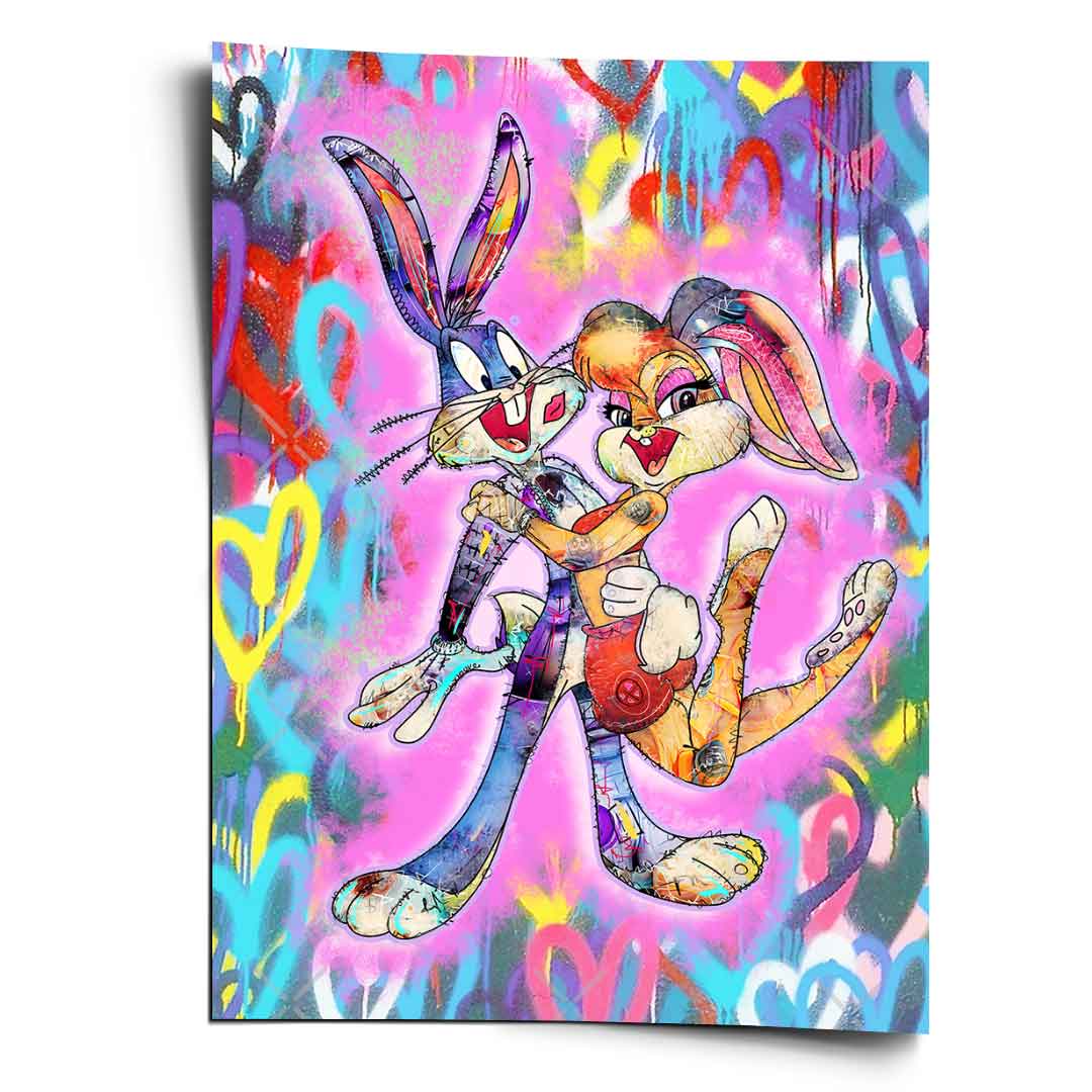Lola Bunny Heart poster featuring Bugs Bunny and Lola Bunny with a stitched patch texture against a neon street-art background.