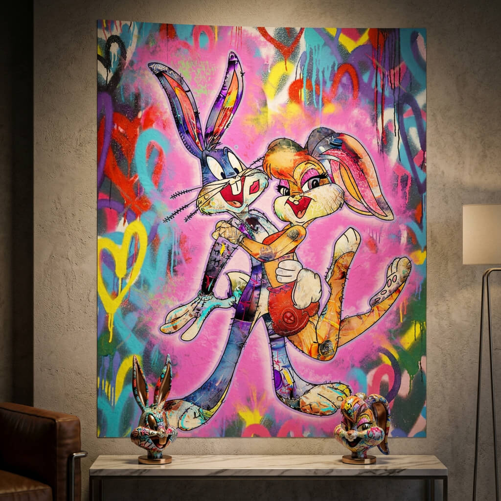 Playful cartoon duo embraced in a pop graffiti style with dripping hearts and bold tags.