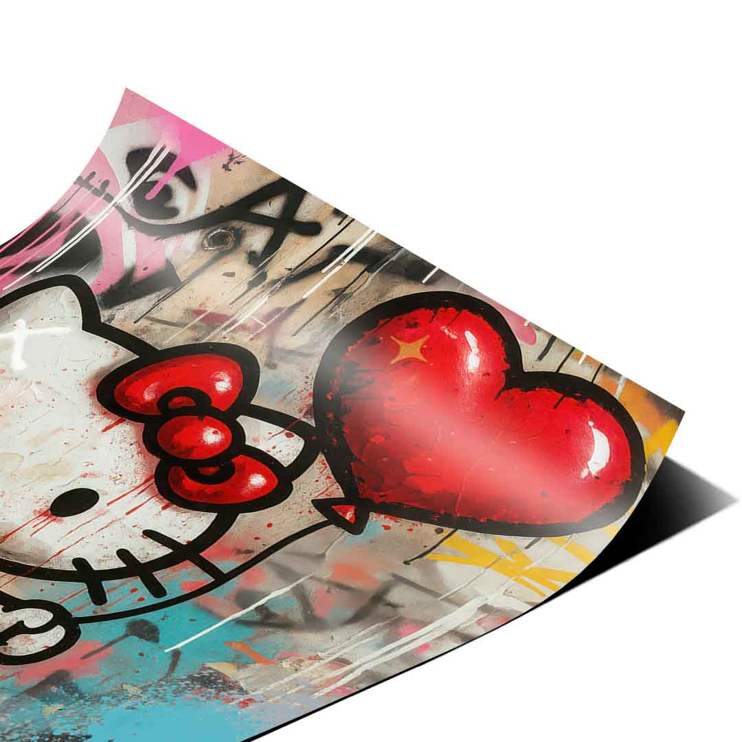Textured graffiti backdrop in white, red, pink, black, and blue tones behind the character.