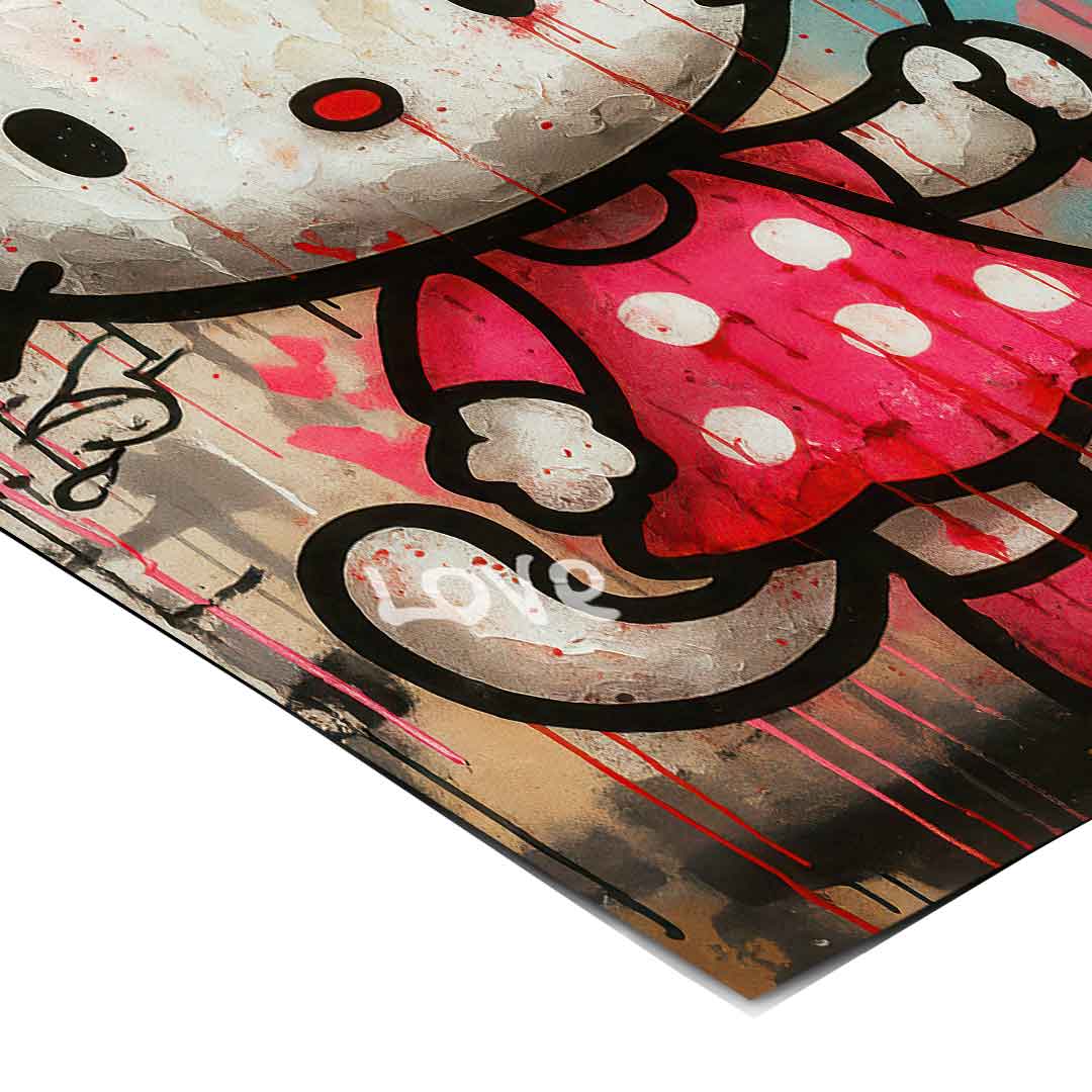 Urban street art scene featuring drips and layered tags behind a playful cartoon figure.