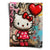Hello Kitty holding a red heart balloon against a graffiti-covered urban wall with spray tags and Banksy-inspired touches.