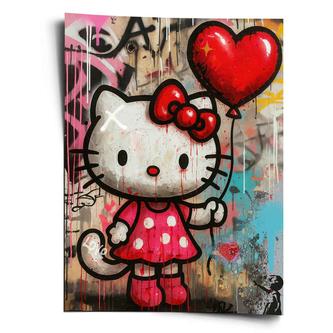 Hello Kitty holding a red heart balloon against a graffiti-covered urban wall with spray tags and Banksy-inspired touches.