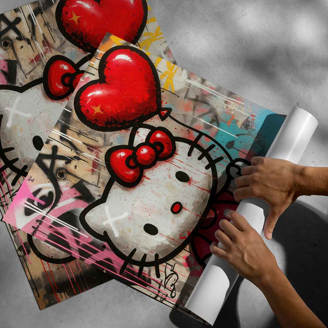 Overall composition of a vibrant pop art poster blending cute character art with edgy street art.