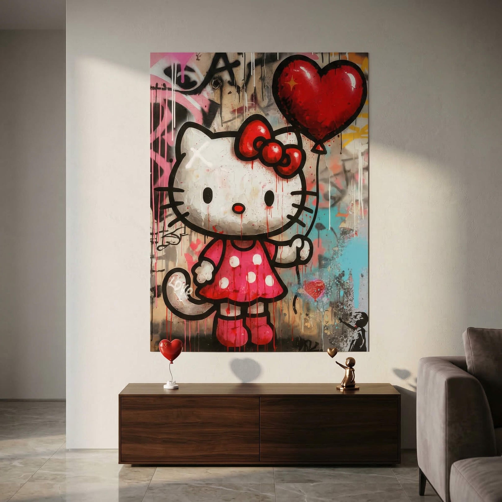 Close-up of Hello Kitty with bold outlines and a heart balloon in a vivid pop art style.