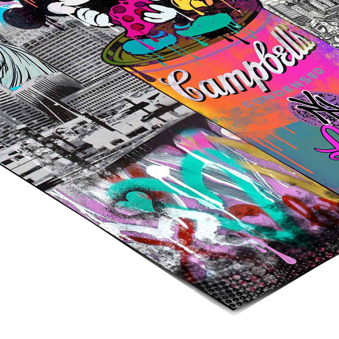 Vibrant city pop art piece depicting a bold NYC skyline with graffiti and a romantic food-art motif.