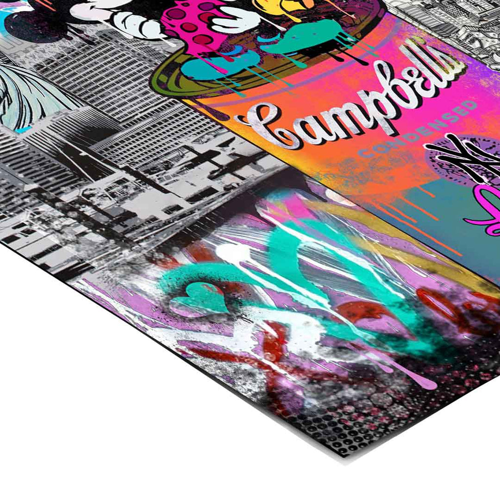 Playful blend of pop culture and urban street art for a modern, energetic vibe.