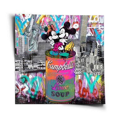 Square-format pop art poster with Mickey and Minnie hugging atop a colorful Campbell's Love Soup can.