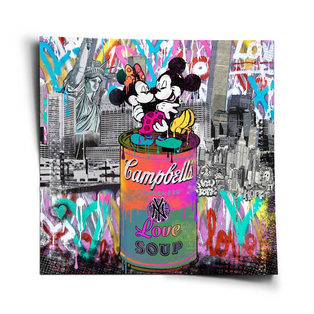 Square-format pop art poster with Mickey and Minnie hugging atop a colorful Campbell's Love Soup can.