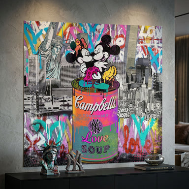 Neon graffiti splashes in pink, blue, and yellow with 'LOVE' accents over the scene.