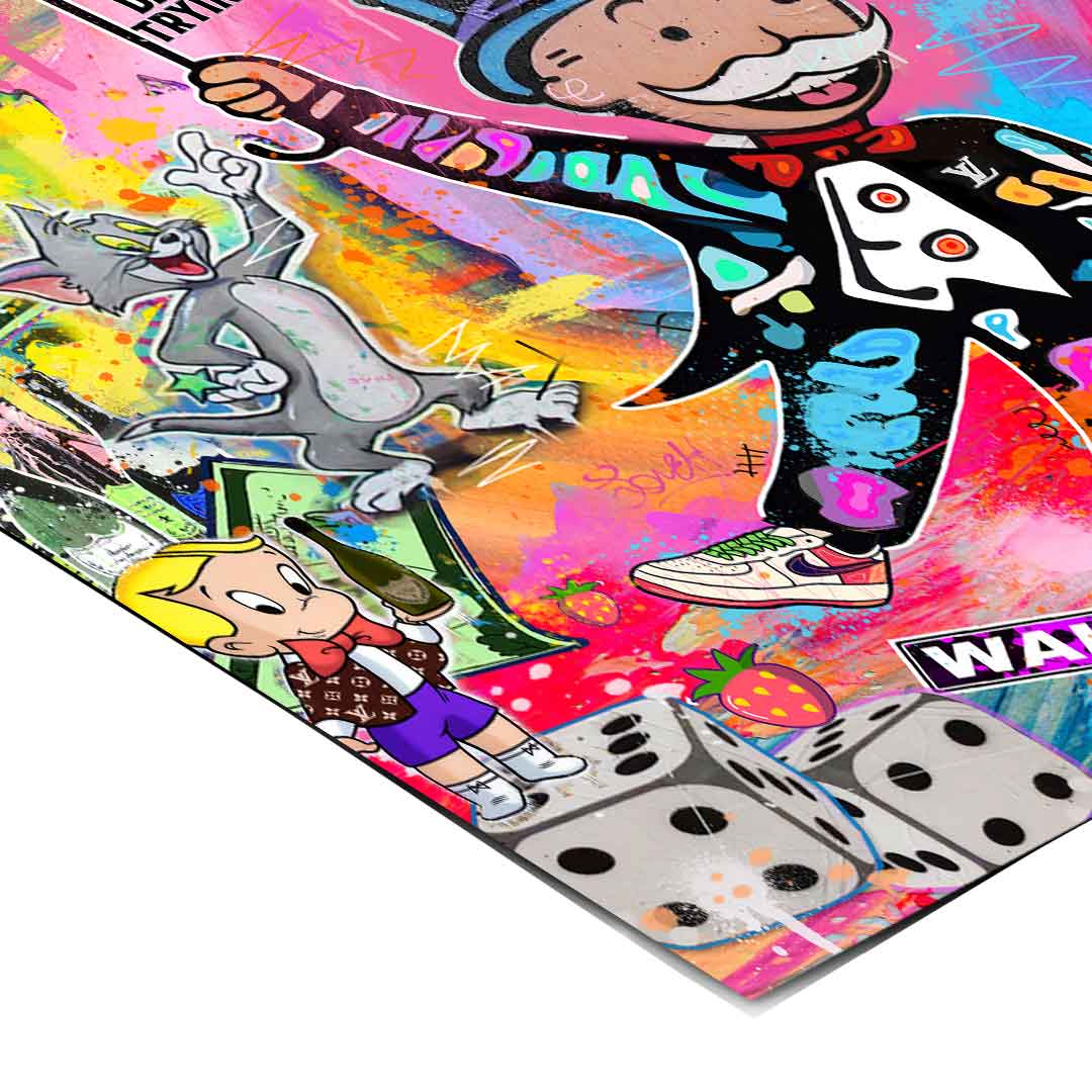 Urban contemporary wall art with bright colors and a dynamic mix of pop art characters.