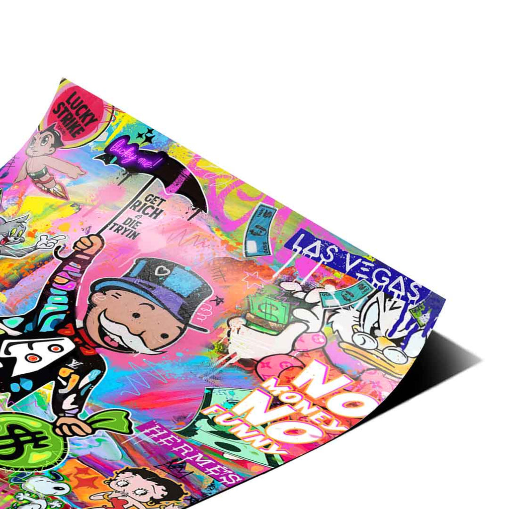 Bold collage combining iconic cartoon characters with brand motifs and playful typography in vibrant colors.