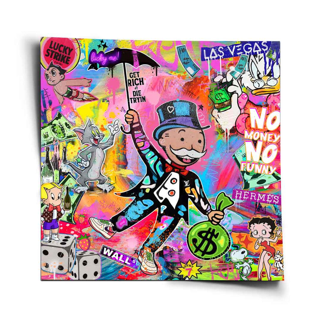 Square canvas featuring a Lucky Me Pop Art collage centered on Mr. Monopoly with neon pink, blue, yellow, and green hues.