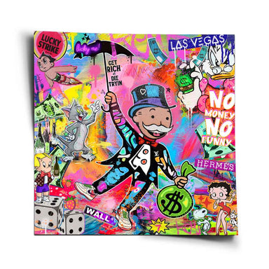 Square canvas featuring a Lucky Me Pop Art collage centered on Mr. Monopoly with neon pink, blue, yellow, and green hues.