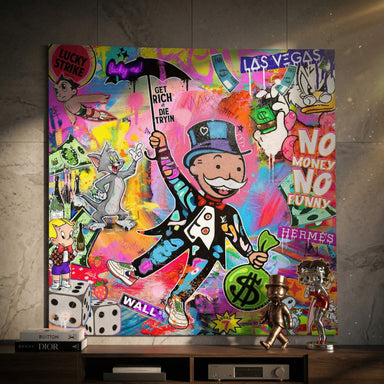 Neon-lit pop graffiti style artwork including Astro Boy, Tom, Donald Duck, and Betty Boop among luxury logos and money.