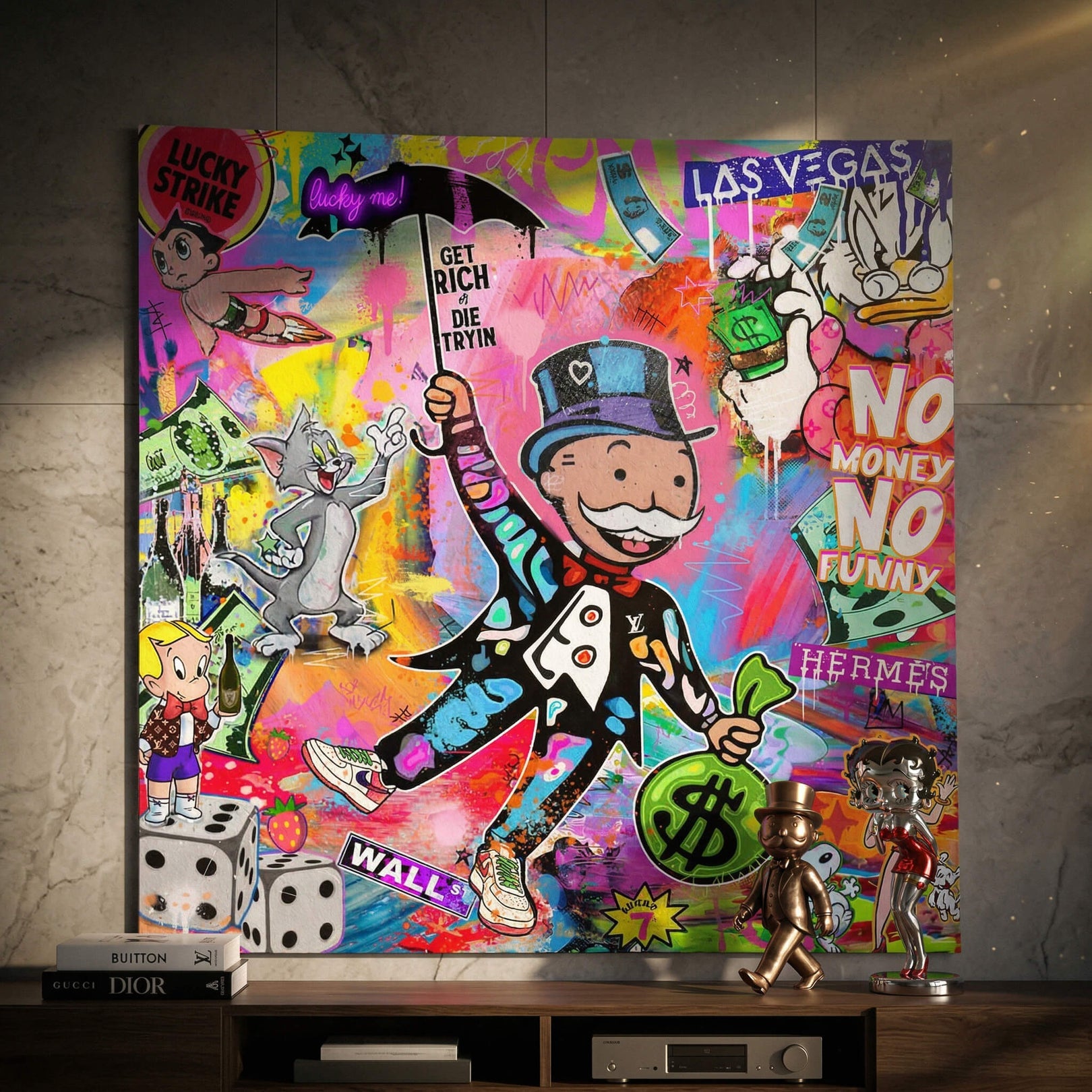 Neon-lit pop graffiti style artwork including Astro Boy, Tom, Donald Duck, and Betty Boop among luxury logos and money.