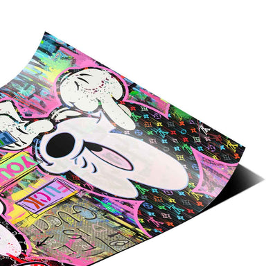 Luxury-brand pattern overlays on cartoon characters in a rebellious graffiti style