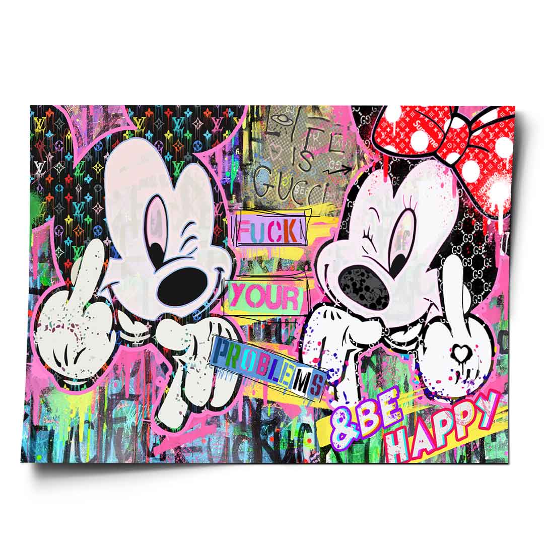 Disney-inspired Mickey and Minnie street art poster with neon drips