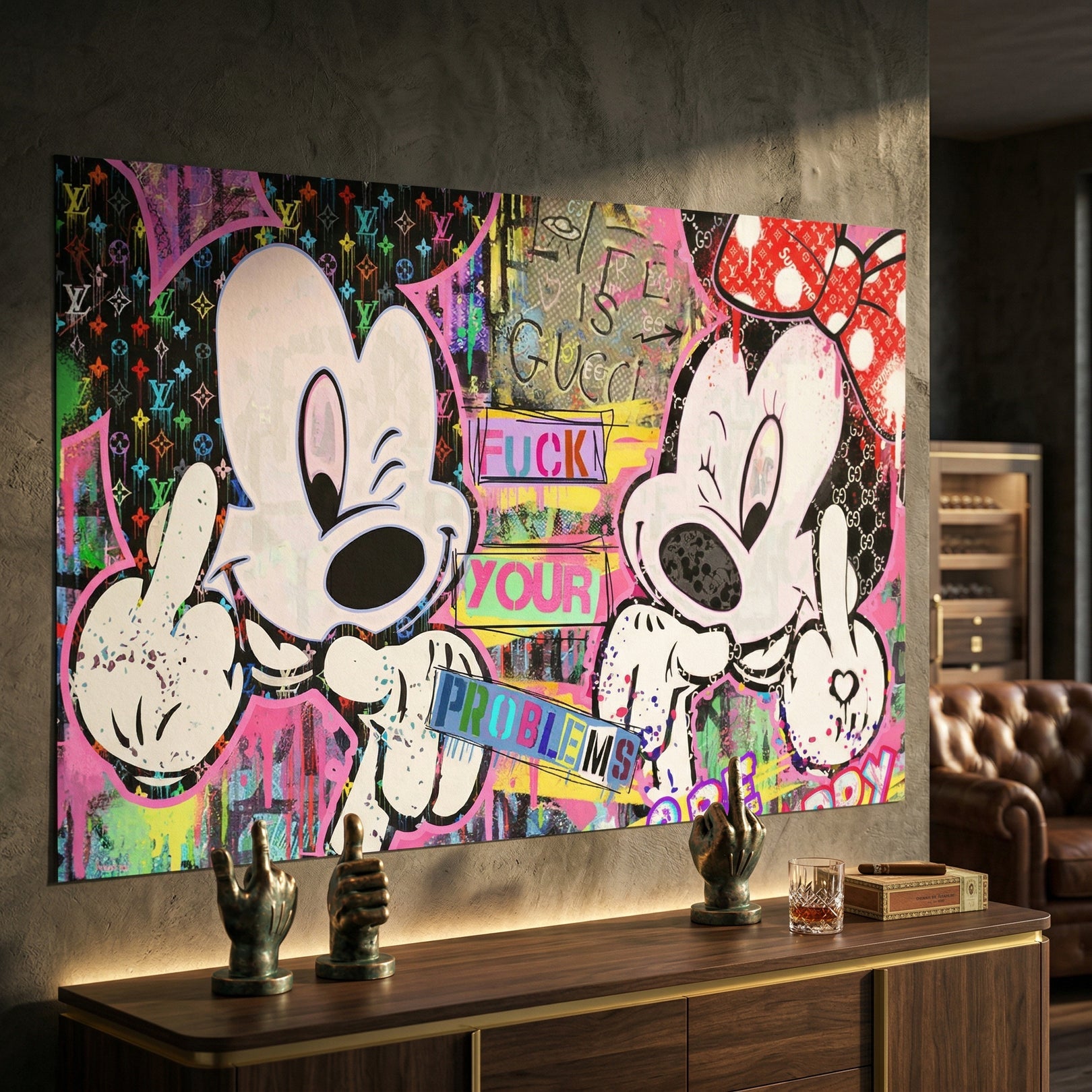 Bold pink, yellow, black and white color palette on pop art wall decor