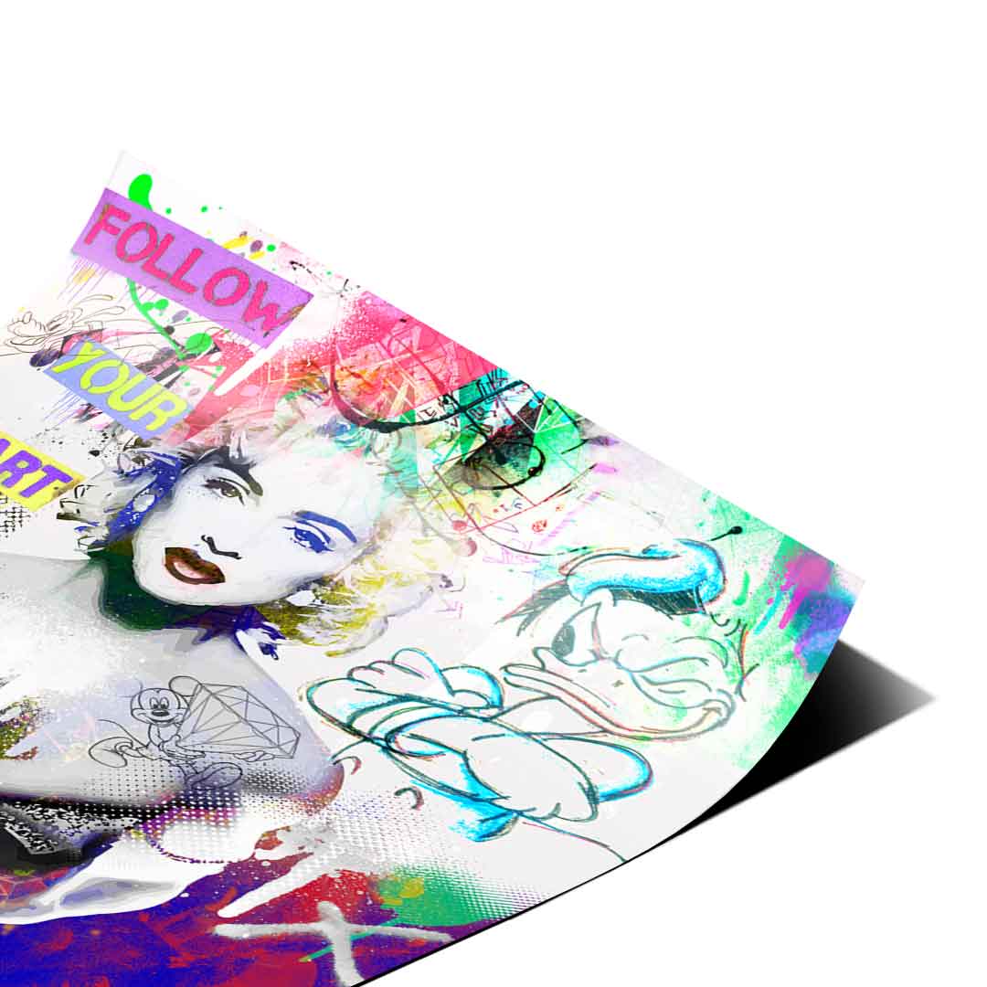 Abstract heart motif and retro cartoon nods pair with bold pop art elements.
