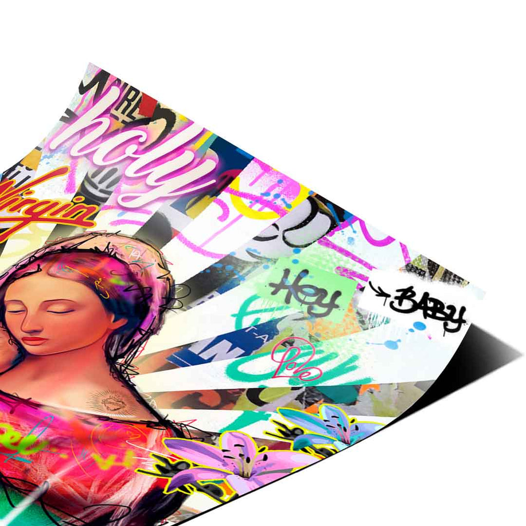 Urban street art meets traditional iconography in a vivid religious pop art poster.