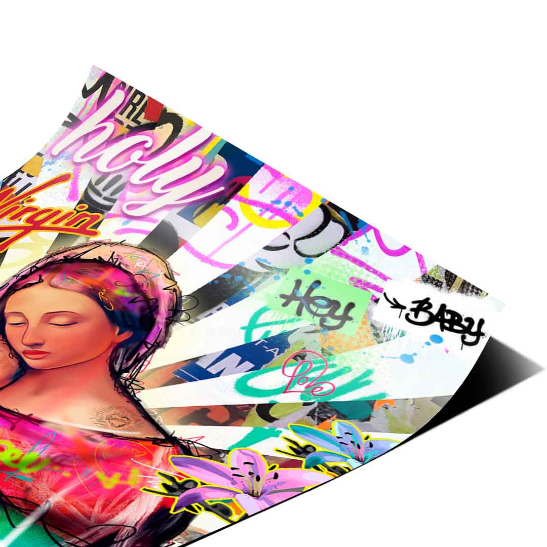 Urban street art meets traditional iconography in a vivid religious pop art poster.