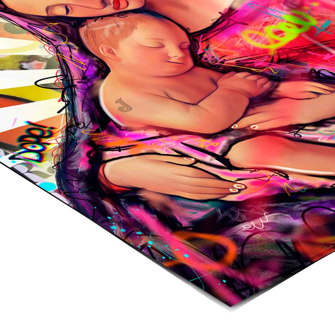 Modern wall art showing bright neon graffiti and painterly Madonna and Child against a vivid backdrop.