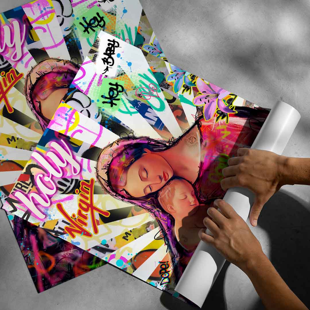 Eclectic wall art for contemporary interiors, combining sacred imagery with vibrant street-style graffiti.