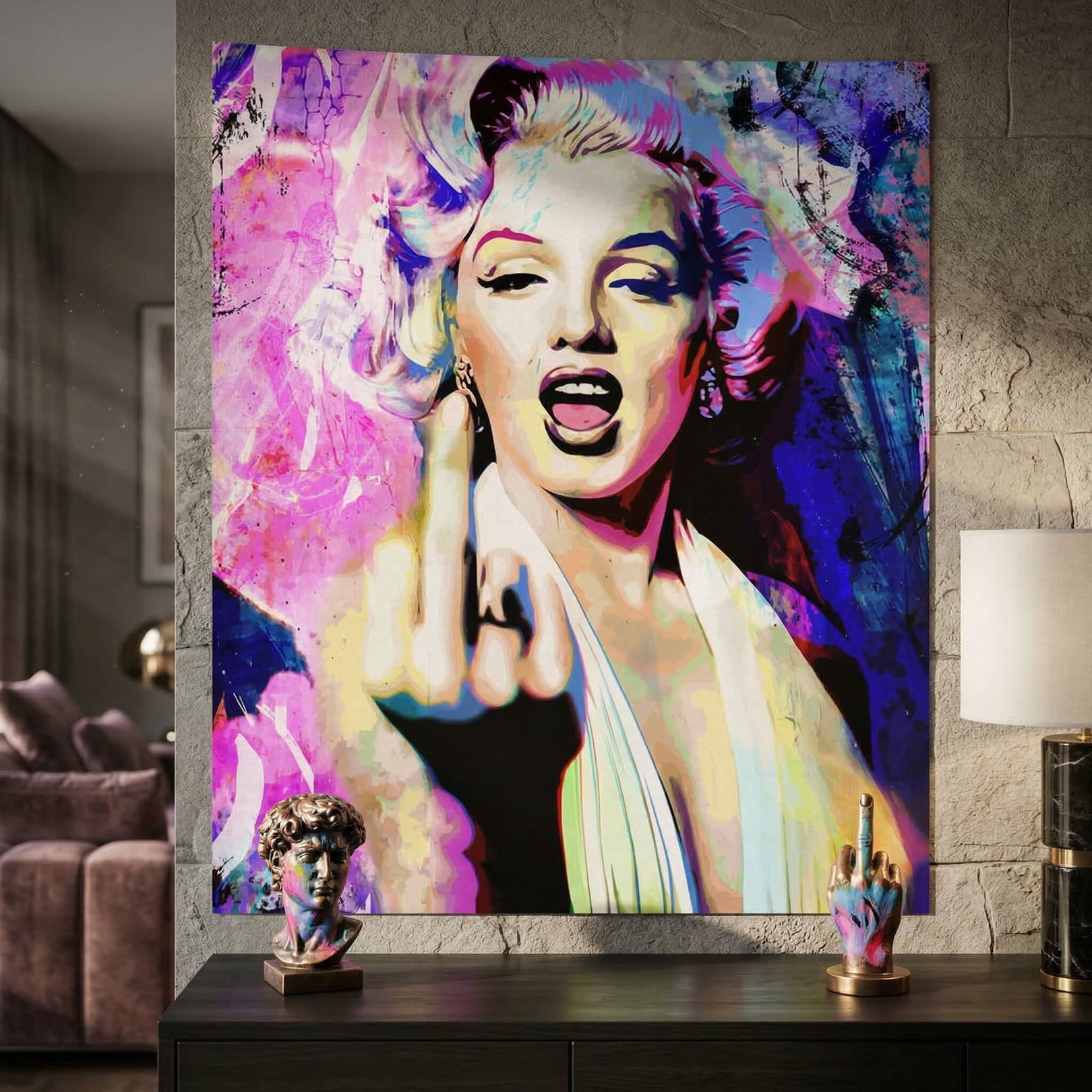 Edgy poster of Marilyn Monroe with a rebellious gesture in bold graffiti colors