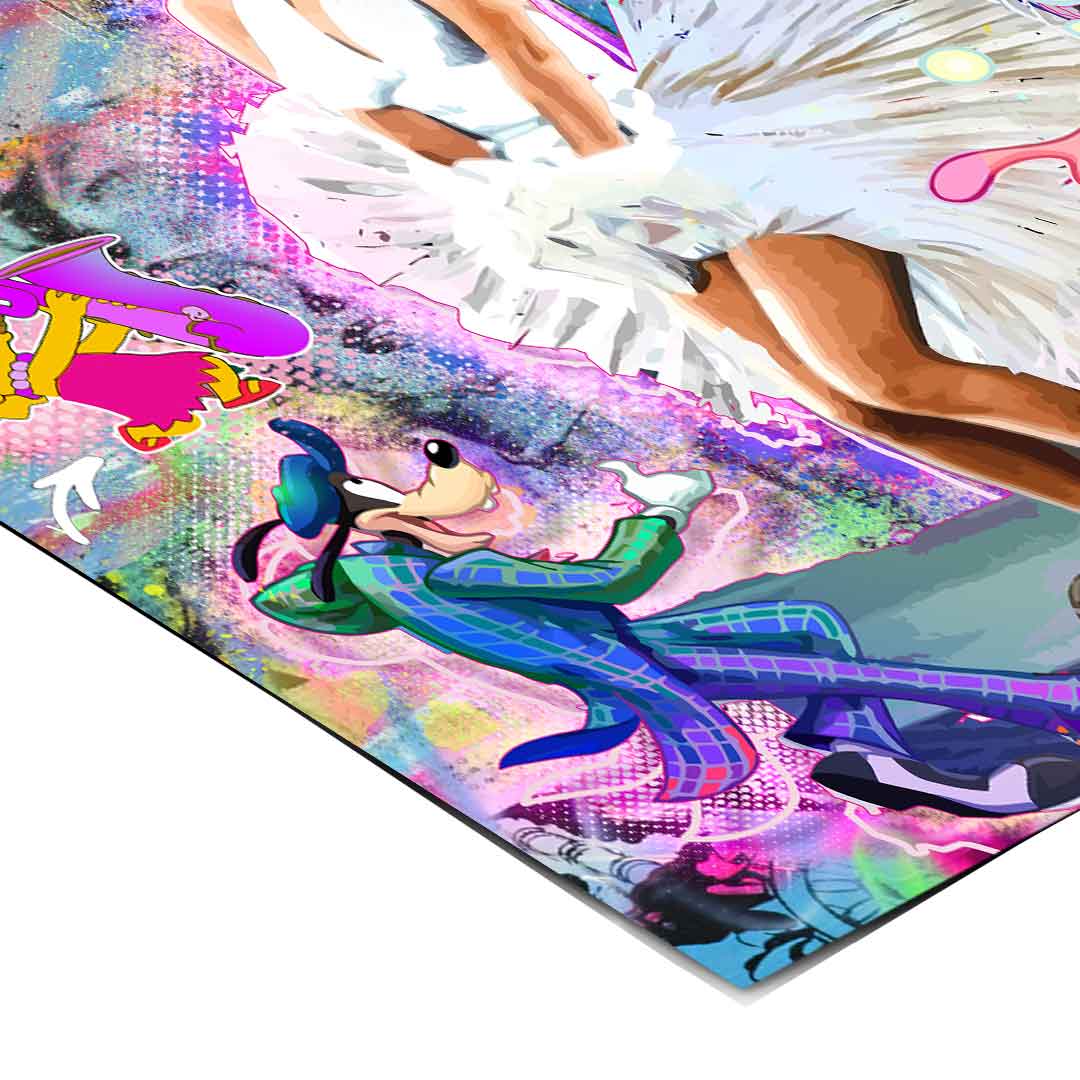 Nostalgic yet modern multi-era collage blending cinema, music, and cartoons