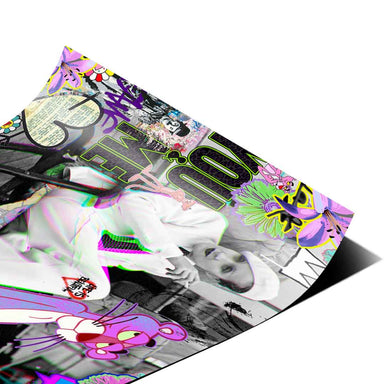 Bold stickers and dynamic patterns blending vintage glamour with urban art