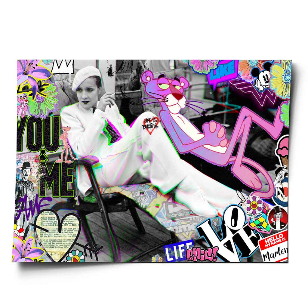 Grayscale portrait of Marlene Dietrich in a white suit with pop art and street art overlays