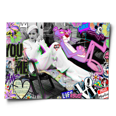 Grayscale portrait of Marlene Dietrich in a white suit with pop art and street art overlays
