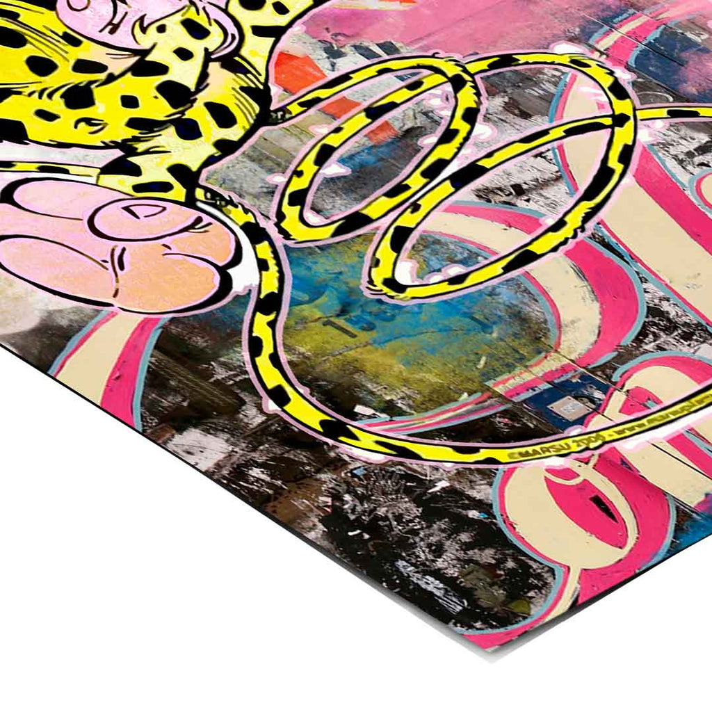 Urban graffiti-inspired composition blending pop art with cartoon animals.
