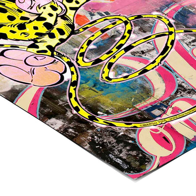 Urban graffiti-inspired composition blending pop art with cartoon animals.