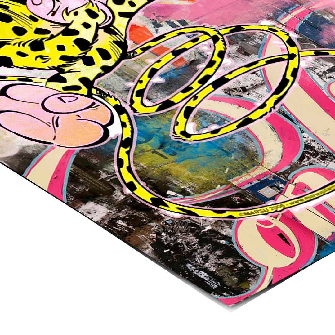 Urban graffiti-inspired composition blending pop art with cartoon animals.