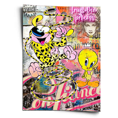 Marsu and Tweety Pop Art poster with graffiti background in bright yellow, black, and hot pink.