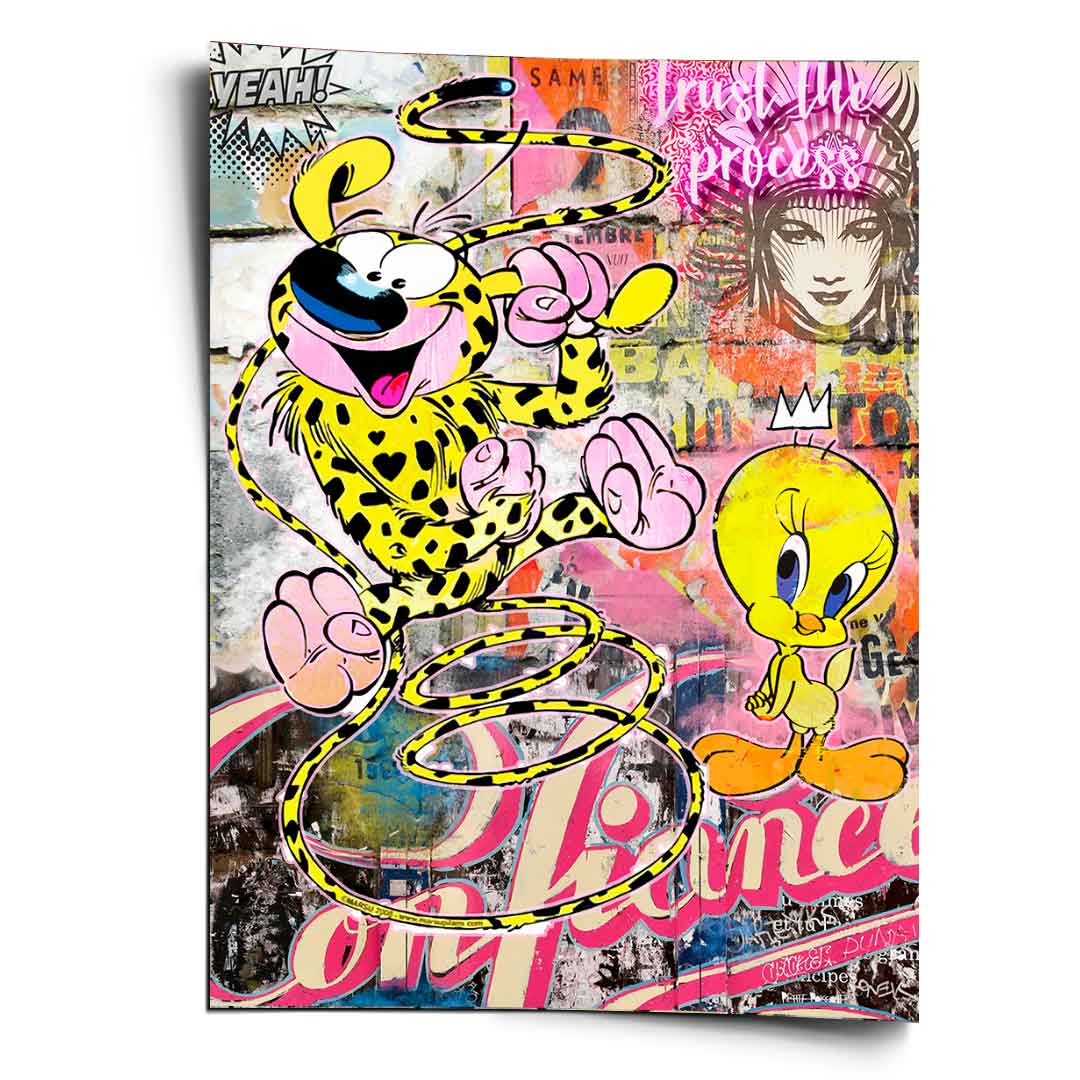 Marsu and Tweety Pop Art poster with graffiti background in bright yellow, black, and hot pink.