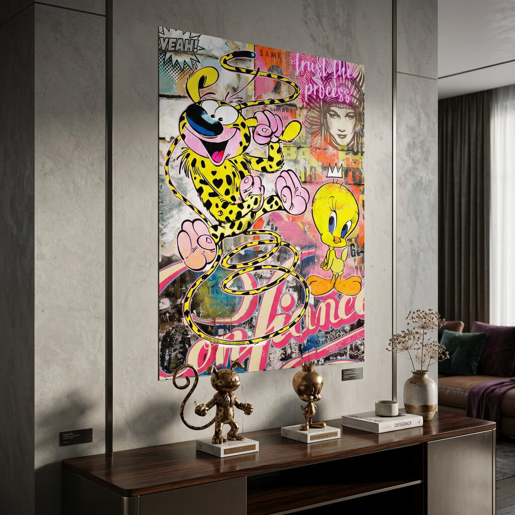 Close-up of the Marsu and Tweety cartoon characters in a neon street-art style.