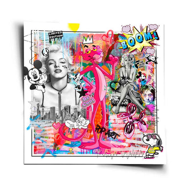 Vibrant pop art collage featuring Marilyn Monroe, Pink Panther, Mickey Mouse, Snoopy, and John Lennon against a neon city skyline.