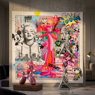 Pink Panther sculpture amid bold graffiti textures and bright color blocks in an urban art style.