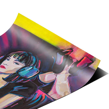 Pop graffiti portrait suitable for modern urban interiors, combining music and film vibes with bold color blocks.
