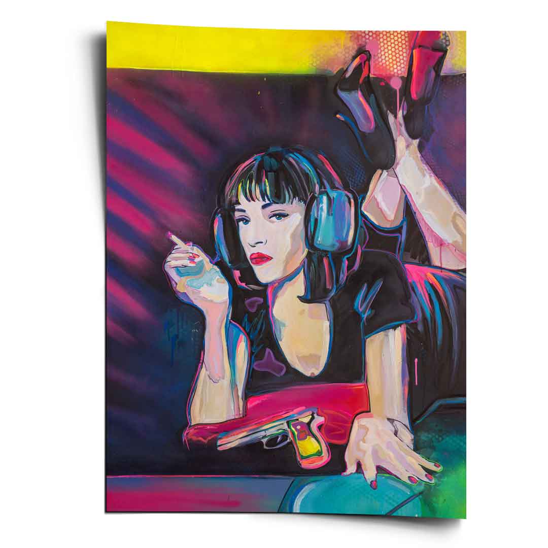 Neon pop art poster of a reclining woman wearing headphones with bold outlines and pink, purple, blue, and yellow hues.