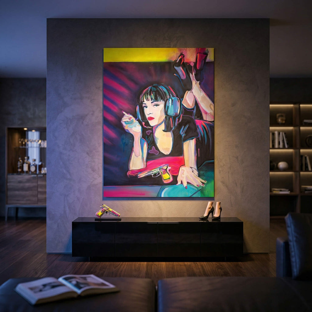 Cinematic street-art inspired wall art featuring a stylish woman with a cigarette and pistol in vibrant neon colors.